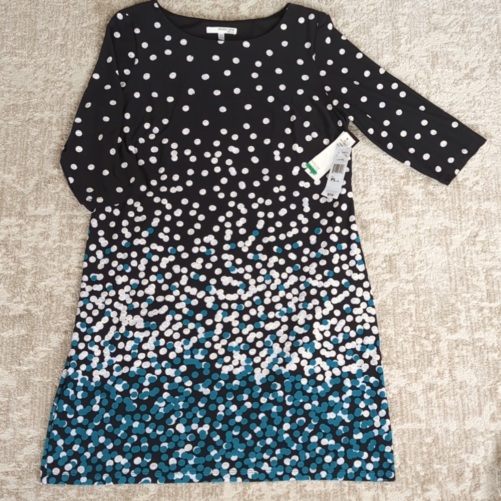 NWT Studio One NY Polka Dot Shift Dress w/Belt LP Black White Teal